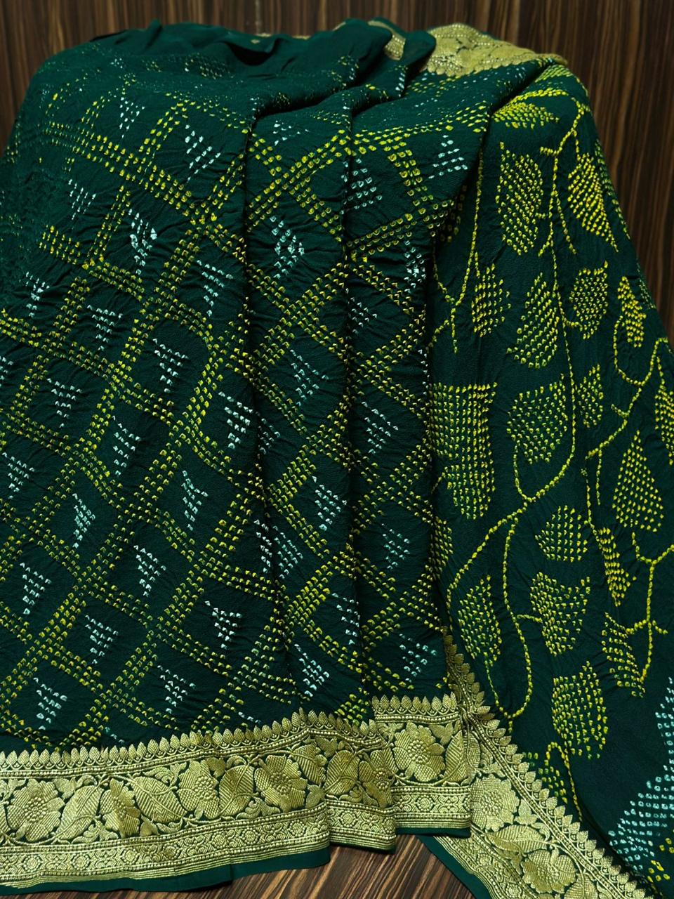 Pure Khaddi Georgette Handloom Kadhwa Zari Work saree With Raiy Bandhej AllOver.