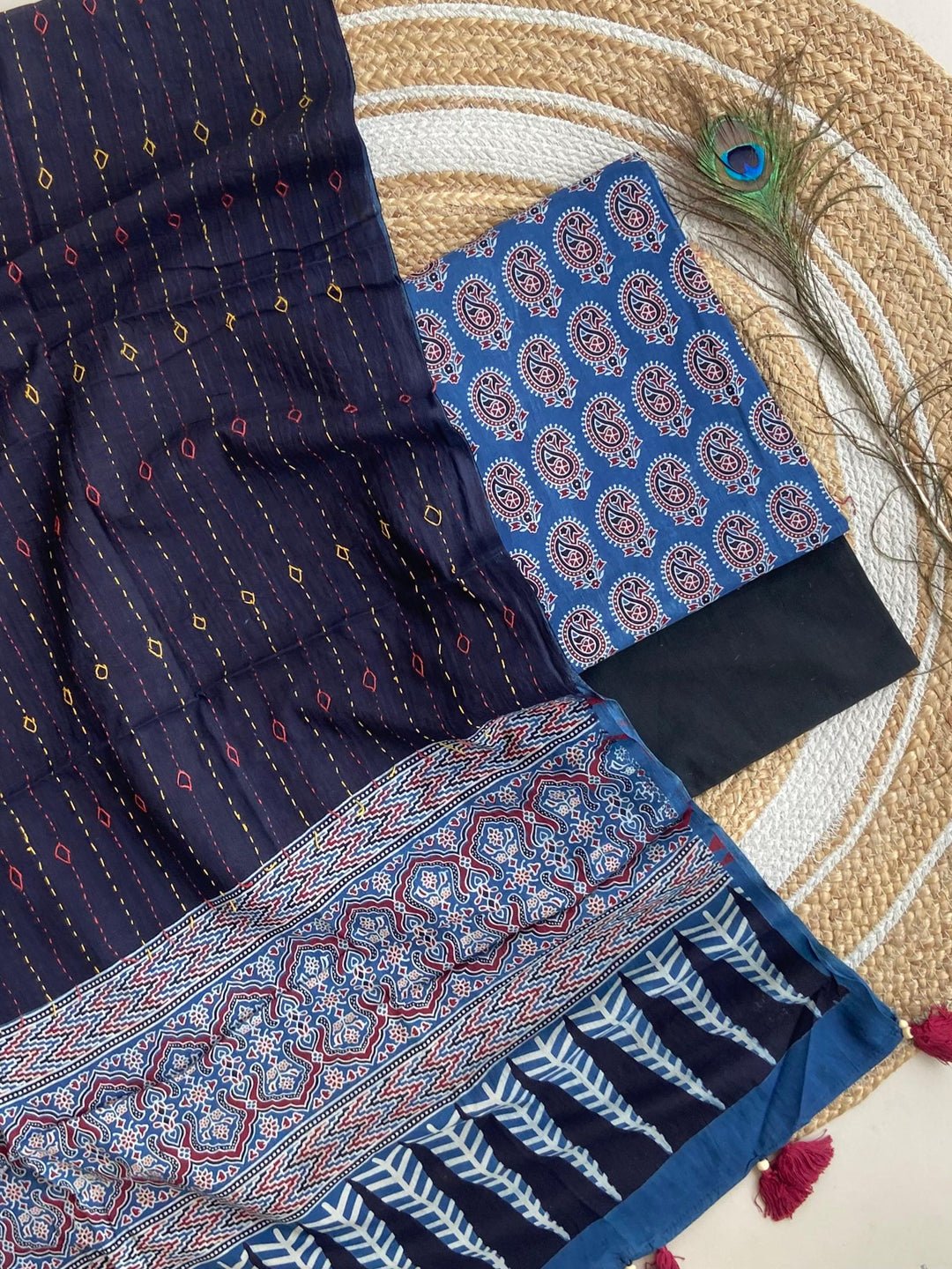 Pure Cotton Azrakh Print Unstitched suit Whit Kantha Work Dupatta