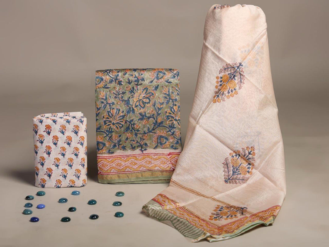Pure Hand Block Chanderi Silk Unstitched Suit.