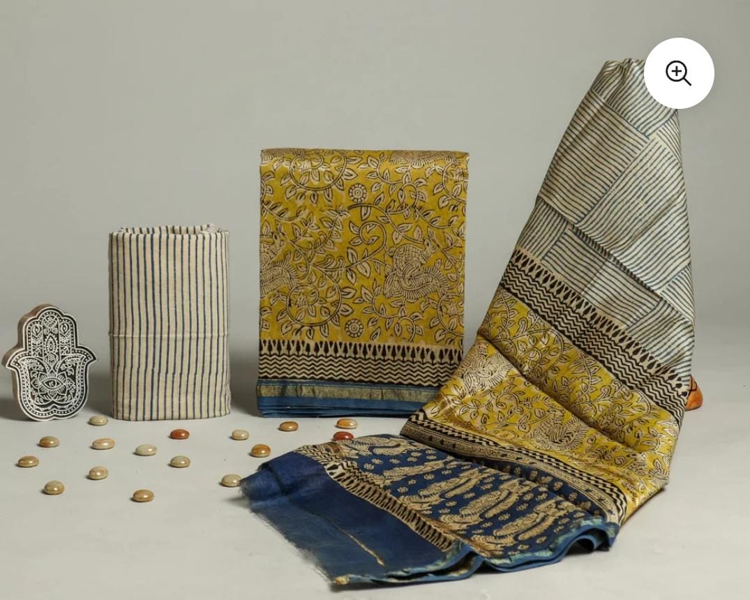 Pure Hand Block Chanderi Silk Unstitched Suit.