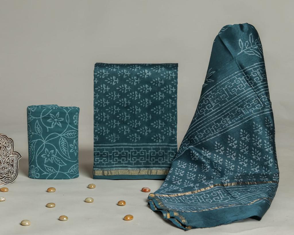Pure Hand Block Chanderi Silk Unstitched Suit.