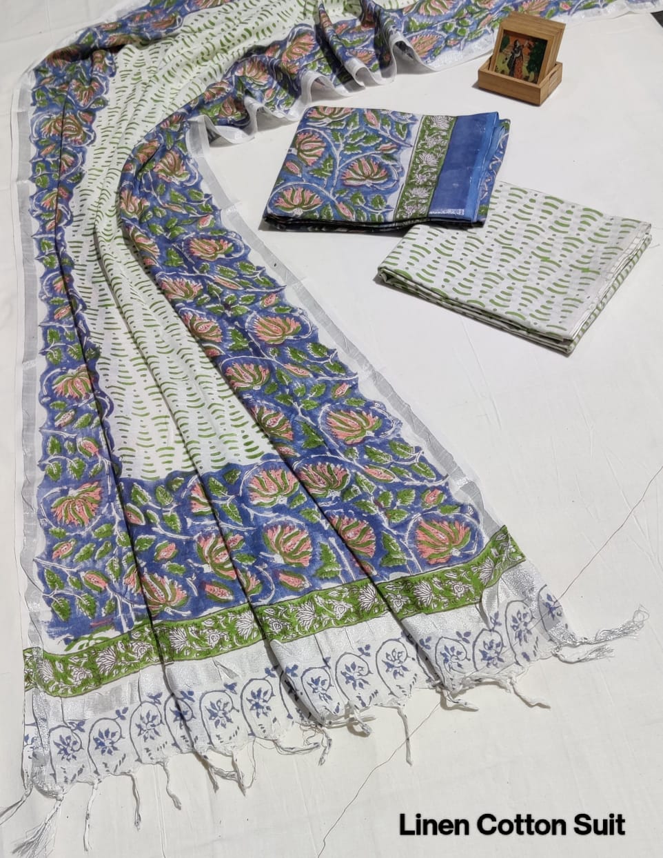 Hand Block Printed Linen Unstitched Suit .