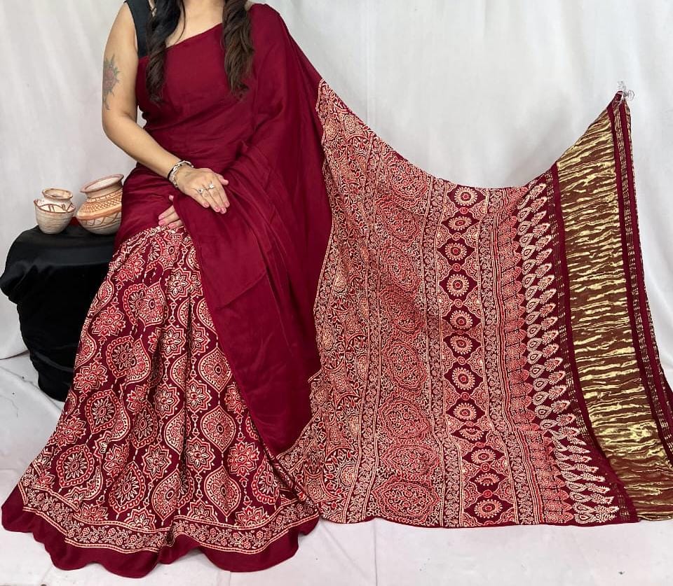 Pure Natural Dyeing Hand Block Print Modal silk saree.