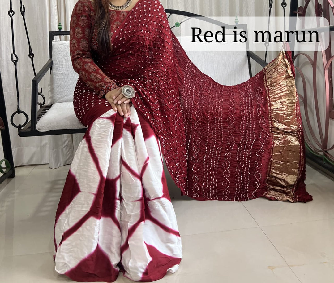 Pure Natural Dyeing Hand Block Bandhej Print Modal silk saree.