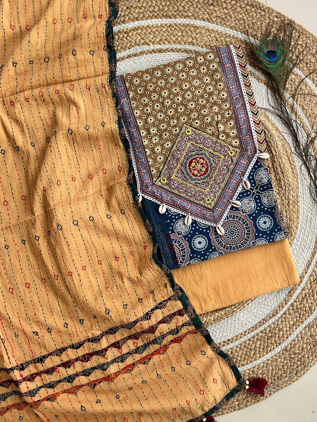 Pure Cotton Azrakh Print Unstitched suit With Patch Work Dupatta