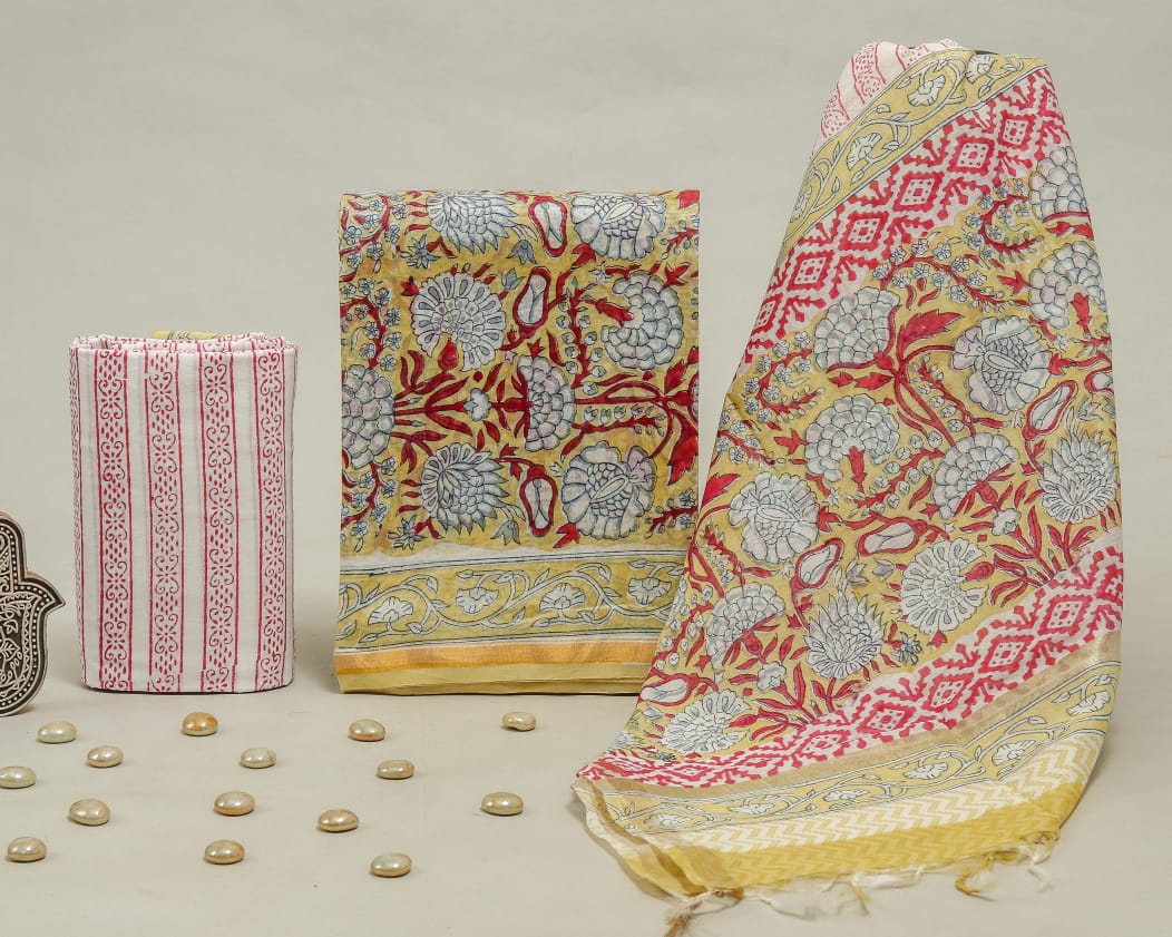 Pure Hand Block Chanderi Silk Unstitched Suit.