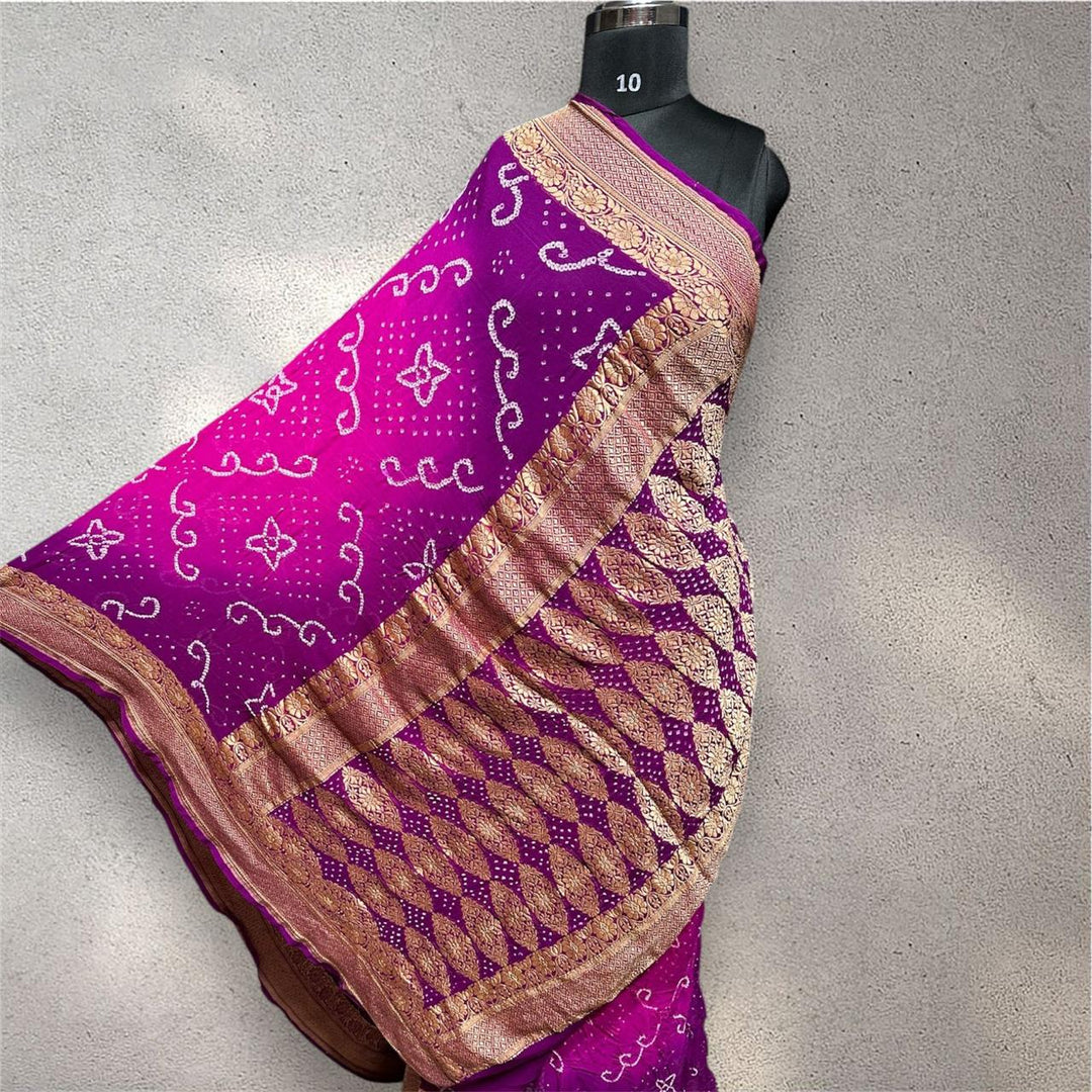Pure Khaddi Georgette Handloom Neem Zari Work saree With Raiy Bandhej .