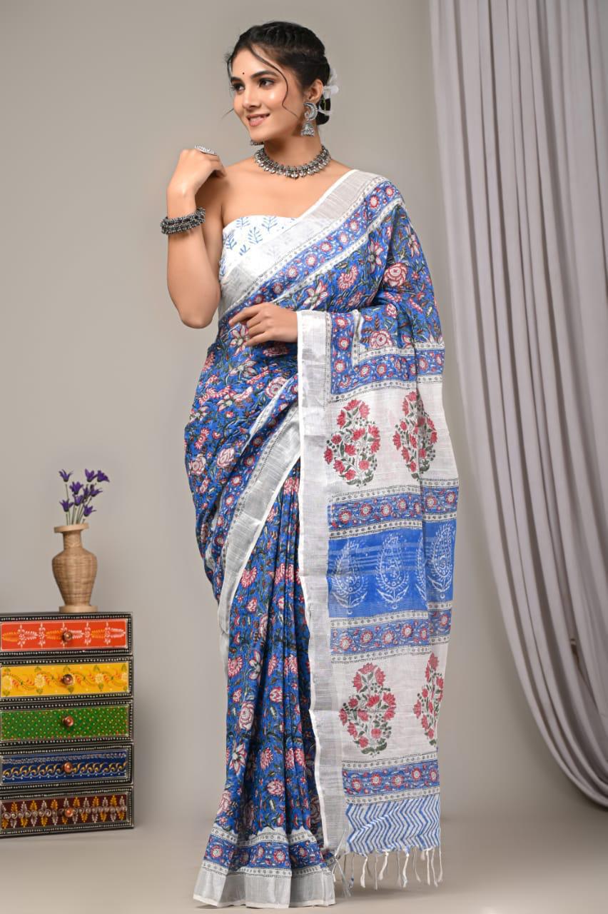 Hand Block Print Linen Saree with Blouse .