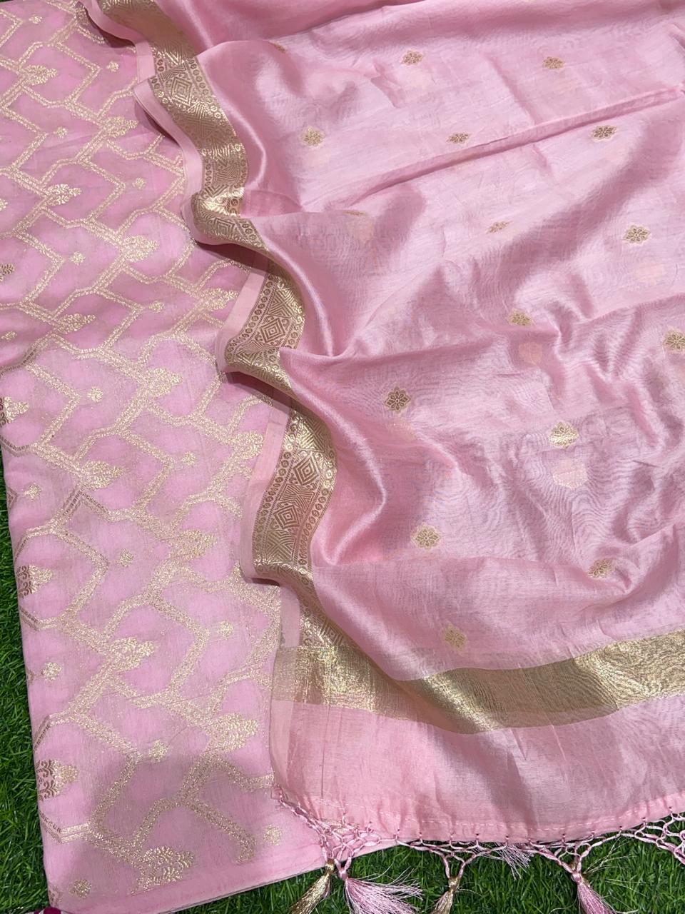 Pure Banarasi Resham Chanderi Silk Zari work Unstitched Suit .