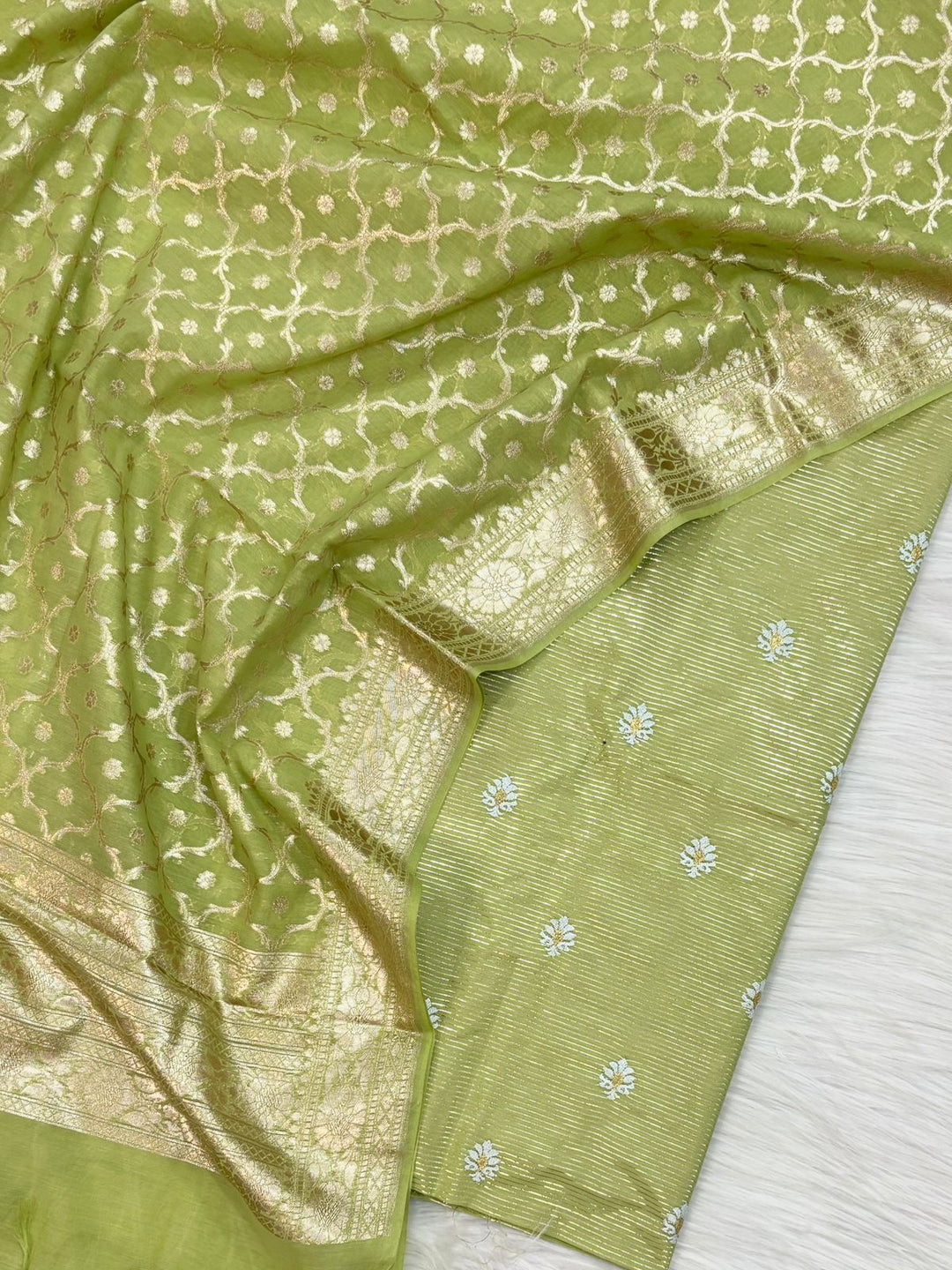 Banarasi Chanderi Lorex Mini Stripes and Zari work Unstitched Suit.