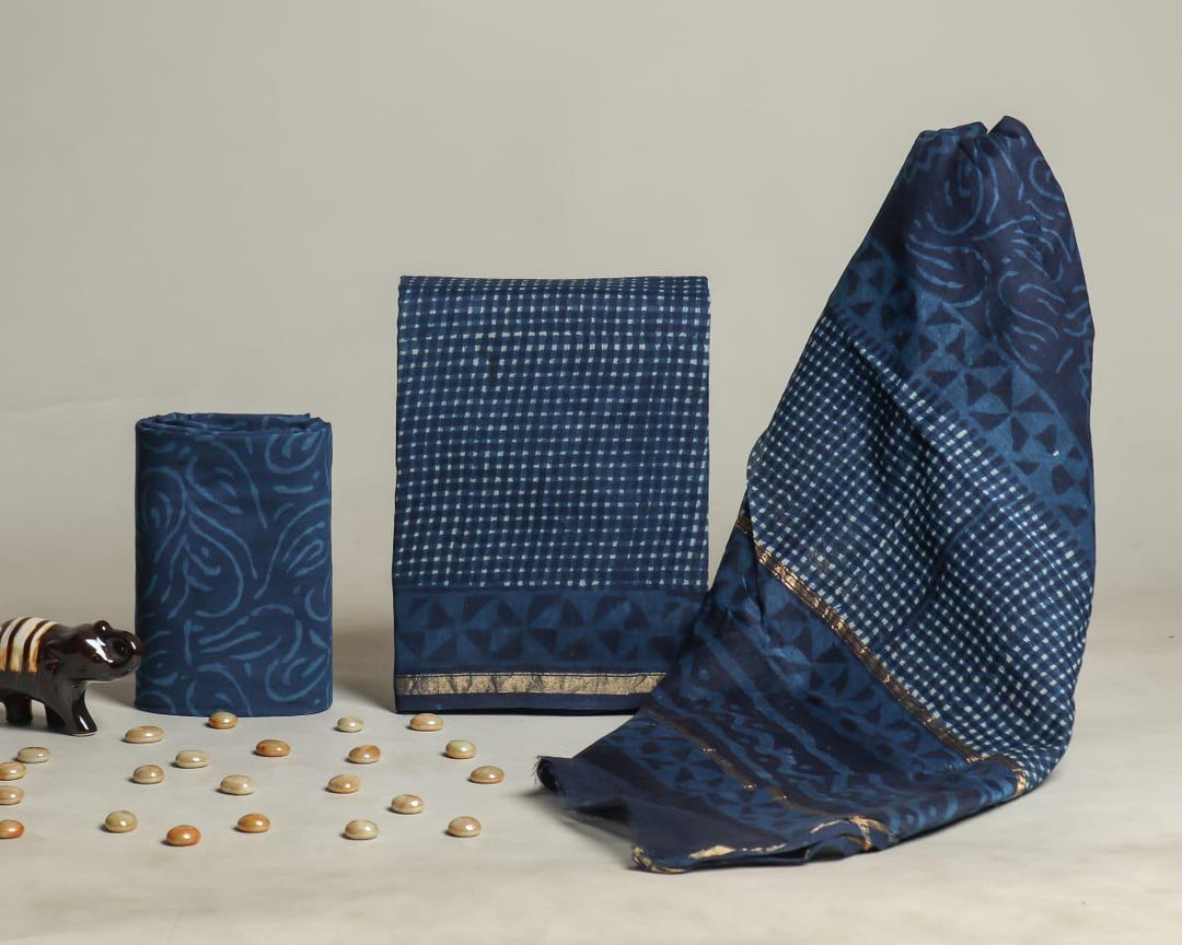 Pure Hand Block Chanderi Silk Unstitched Suit