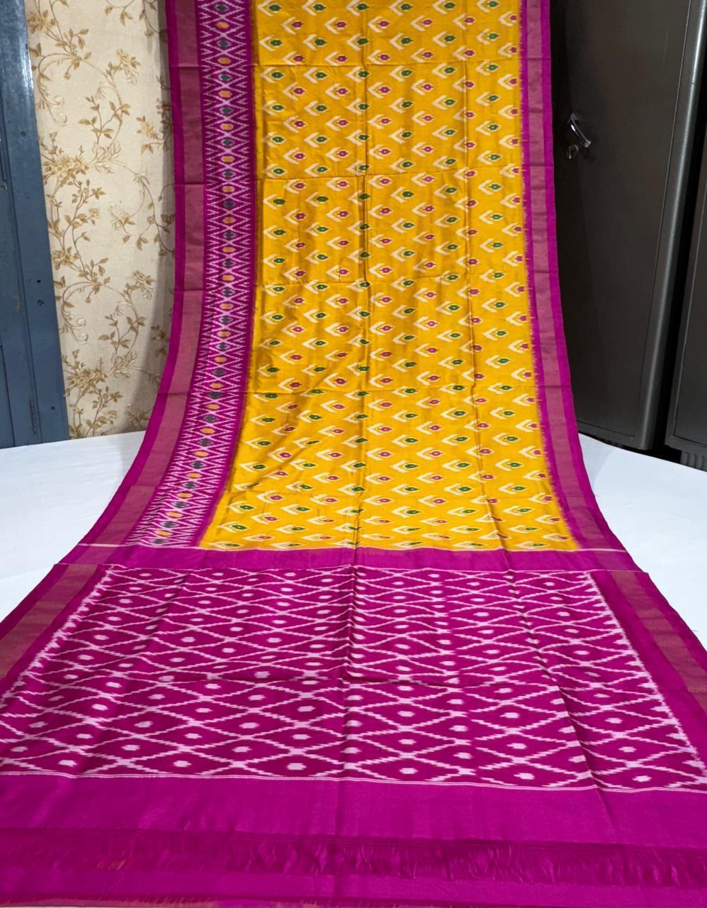 Pure Pochampally Ikkat Silk Saree With Blouse Pthani Pattern Border.