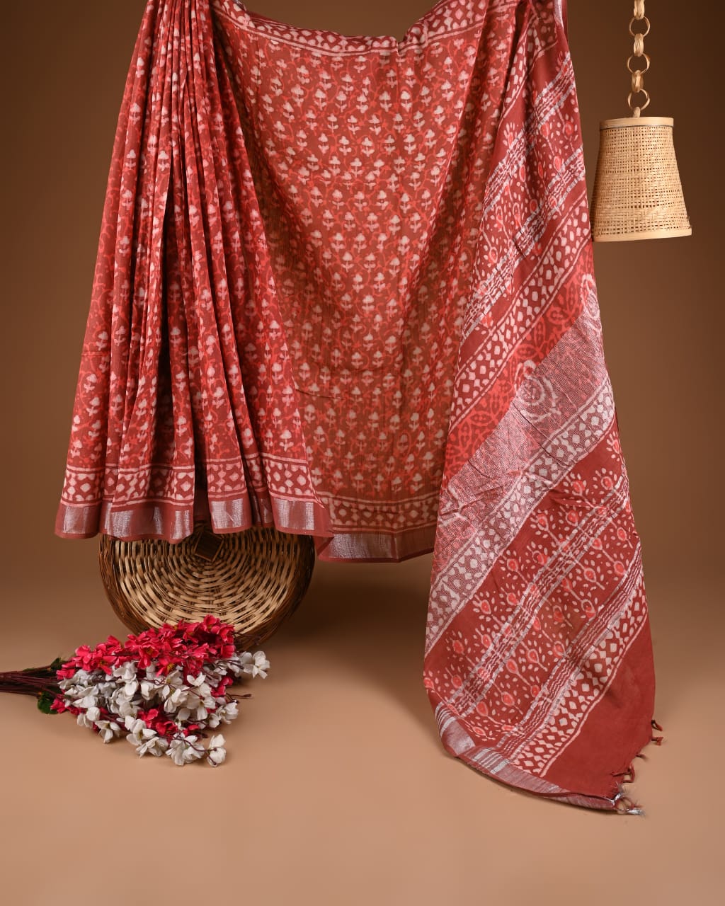 Hand Block Print Linen Saree with Blouse .