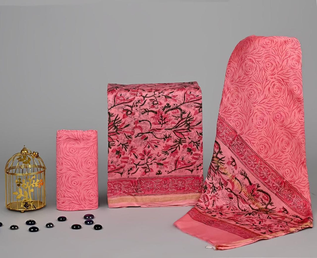 Pure Hand Block Chanderi Silk Unstitched Suit.