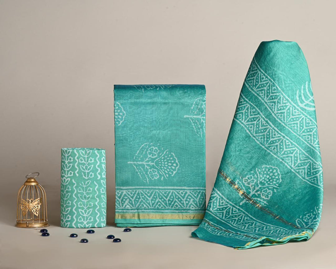 Pure Hand Block Chanderi Silk Unstitched Suit.