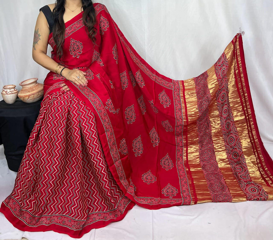 Pure Natural Dyeing Hand Block Print Modal silk saree.