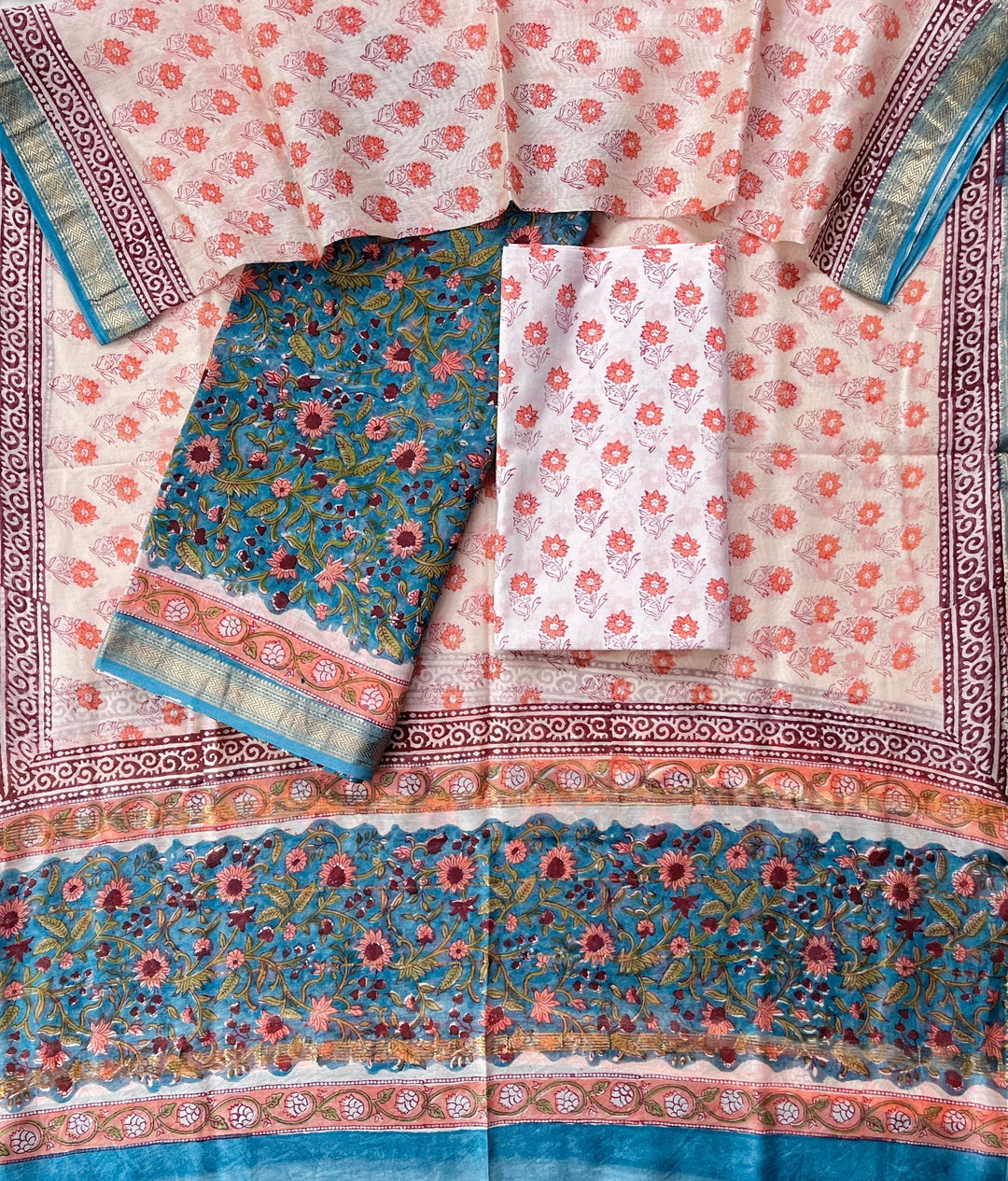 Pure Maheshwari Silk Hand block print Unstitched Suit.
