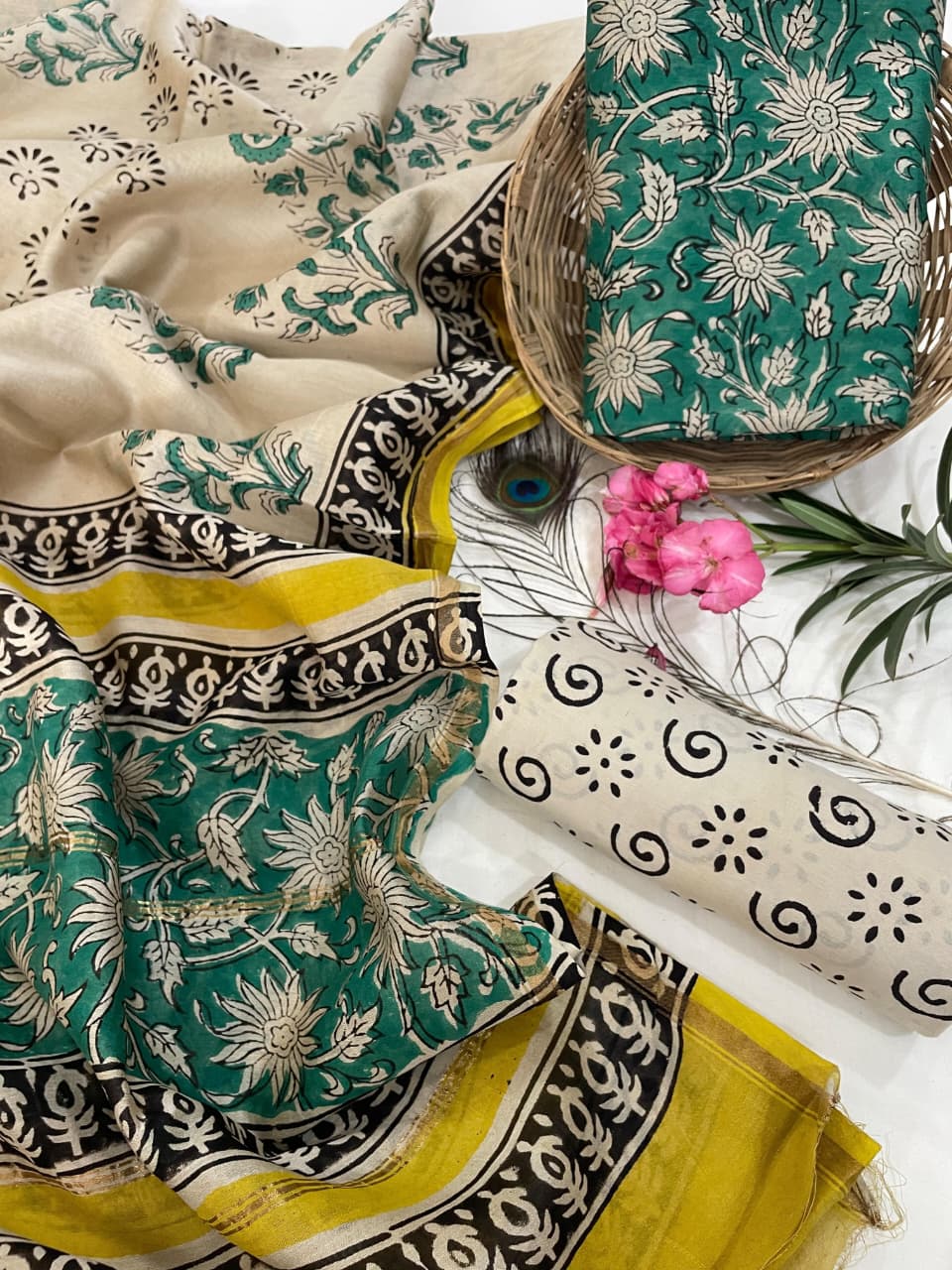 Pure Hand Block Chanderi Silk Unstitched Suit.