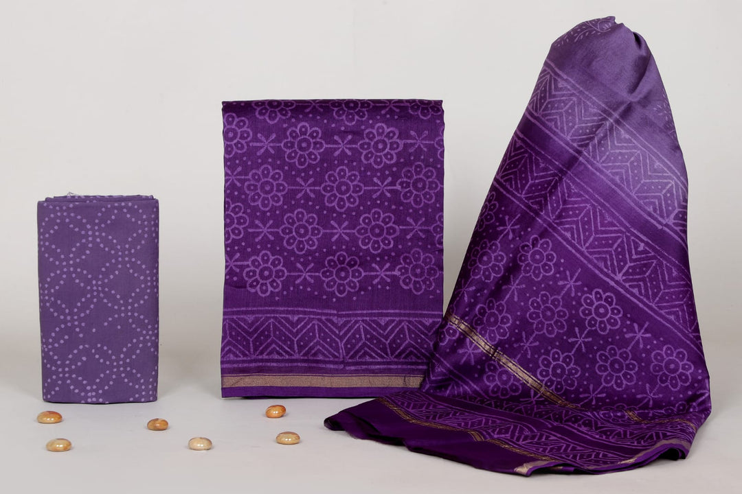 Pure Hand Block Chanderi Silk Unstitched Suit