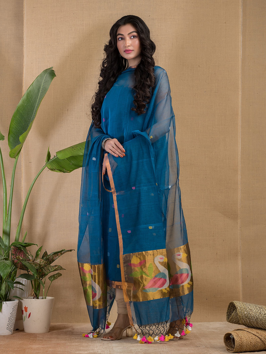 Pure Maslin silk 2PC Jamdani Handwork Unstitched Suit .