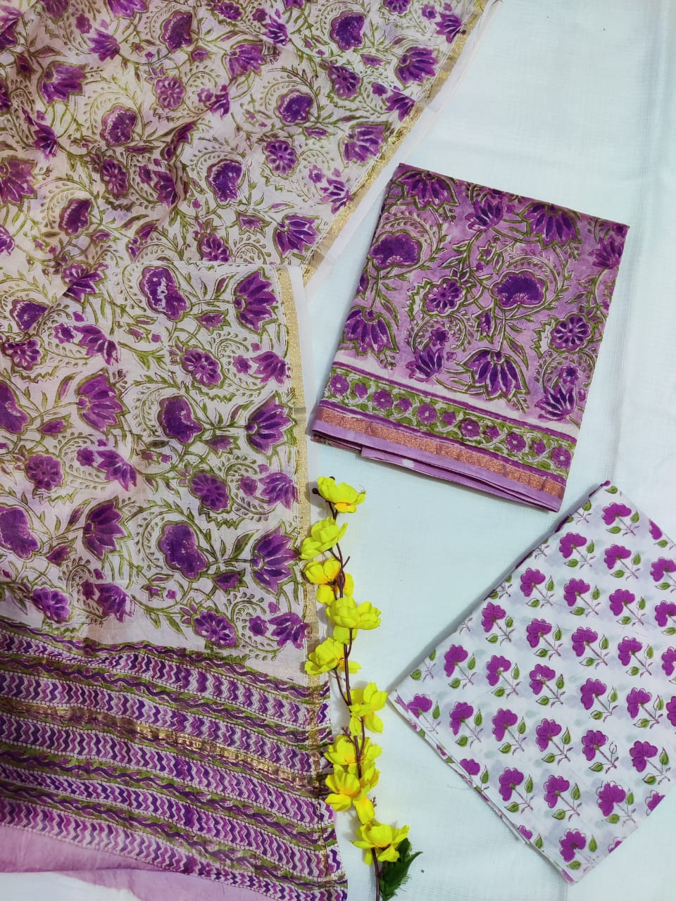 Pure Hand Block Chanderi Silk Unstitched Suit.