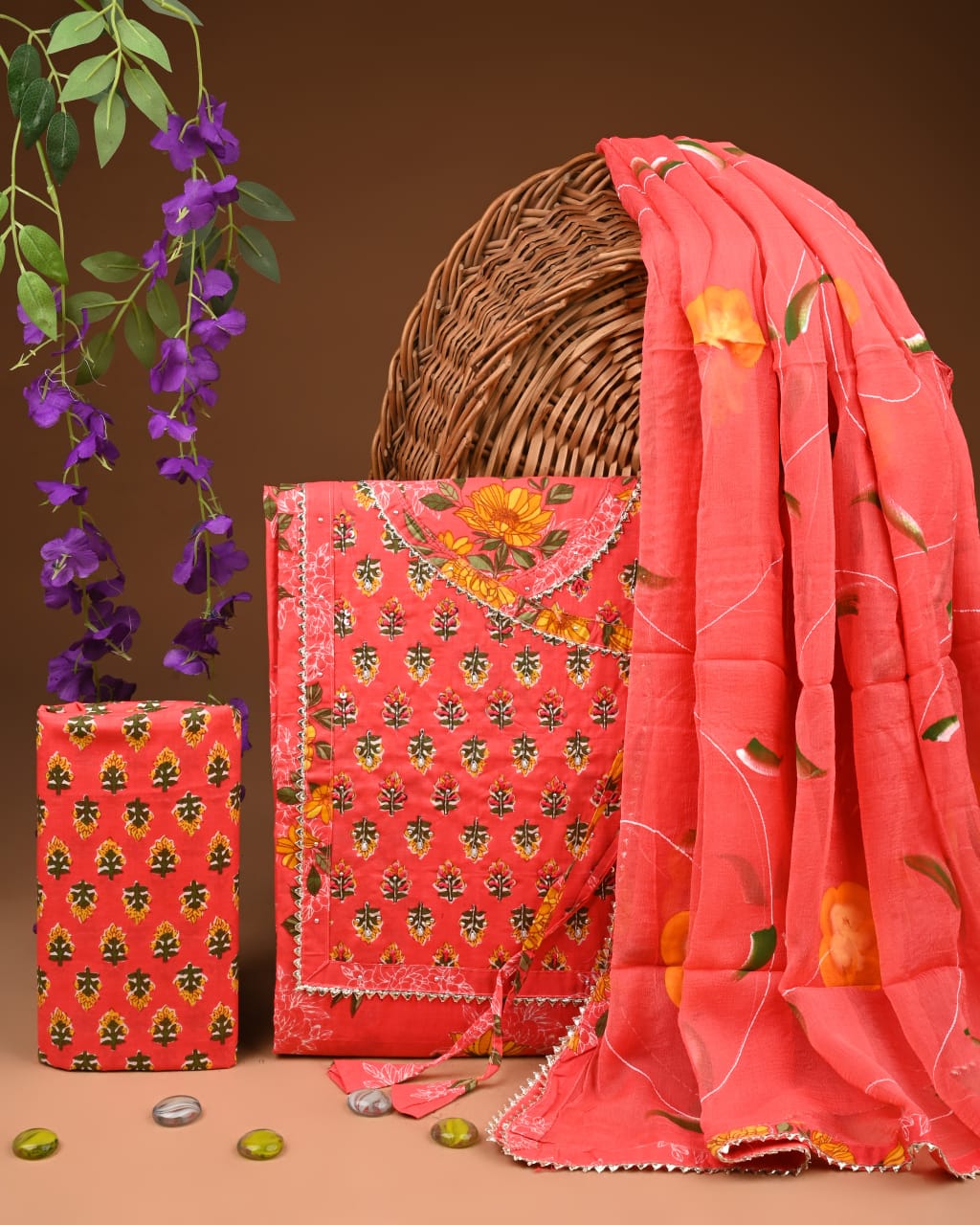 Pure Cotton Gotta patti Work unstitched Suit With Chiffon Dupatta.