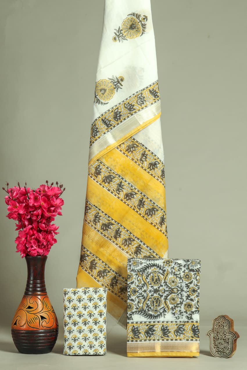 Pure Maheshwari Silk Hand block print Unstitched Suit.