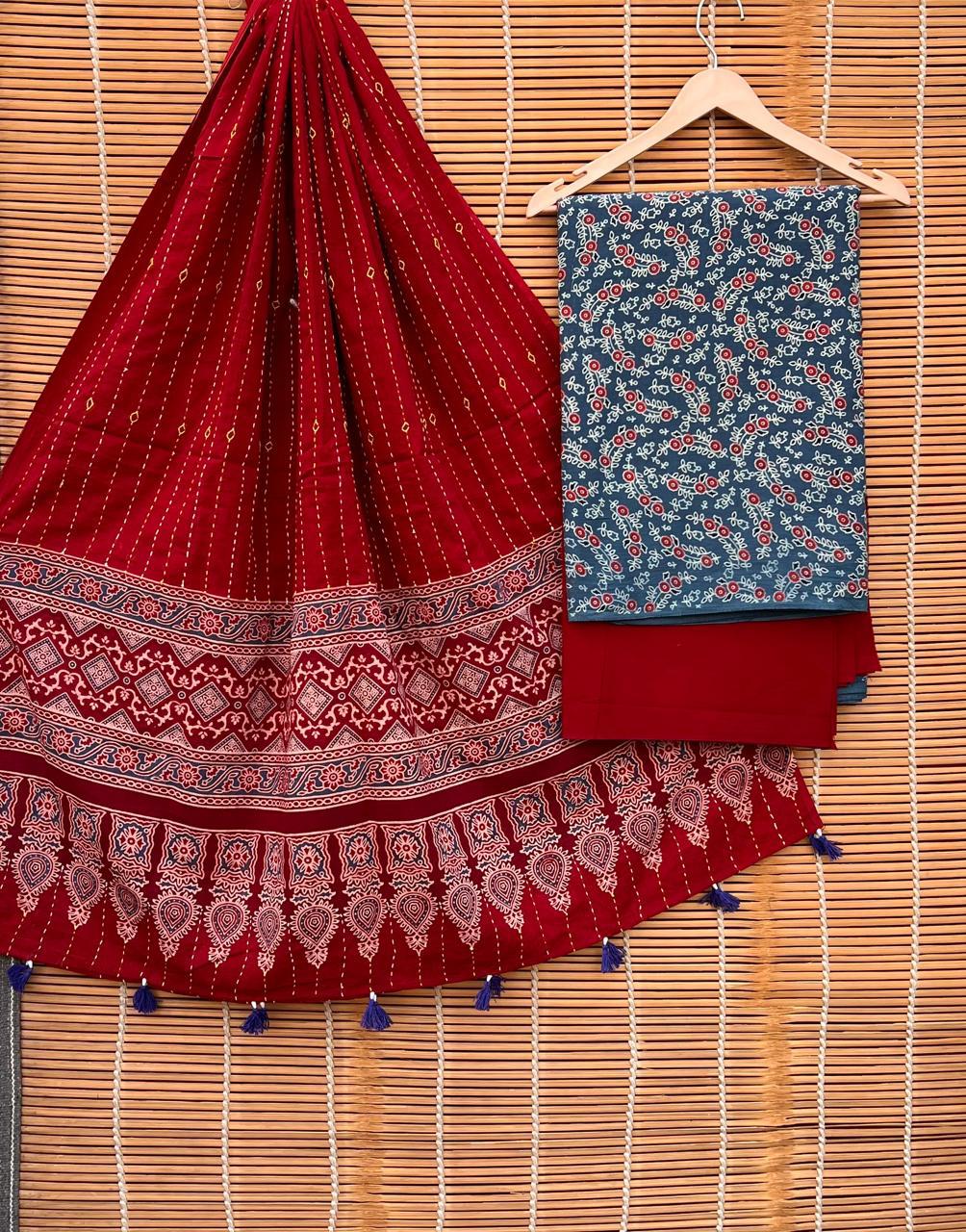 Pure Cotton Azrakh Print Unstitched suit Whit Kantha Work Dupatta.