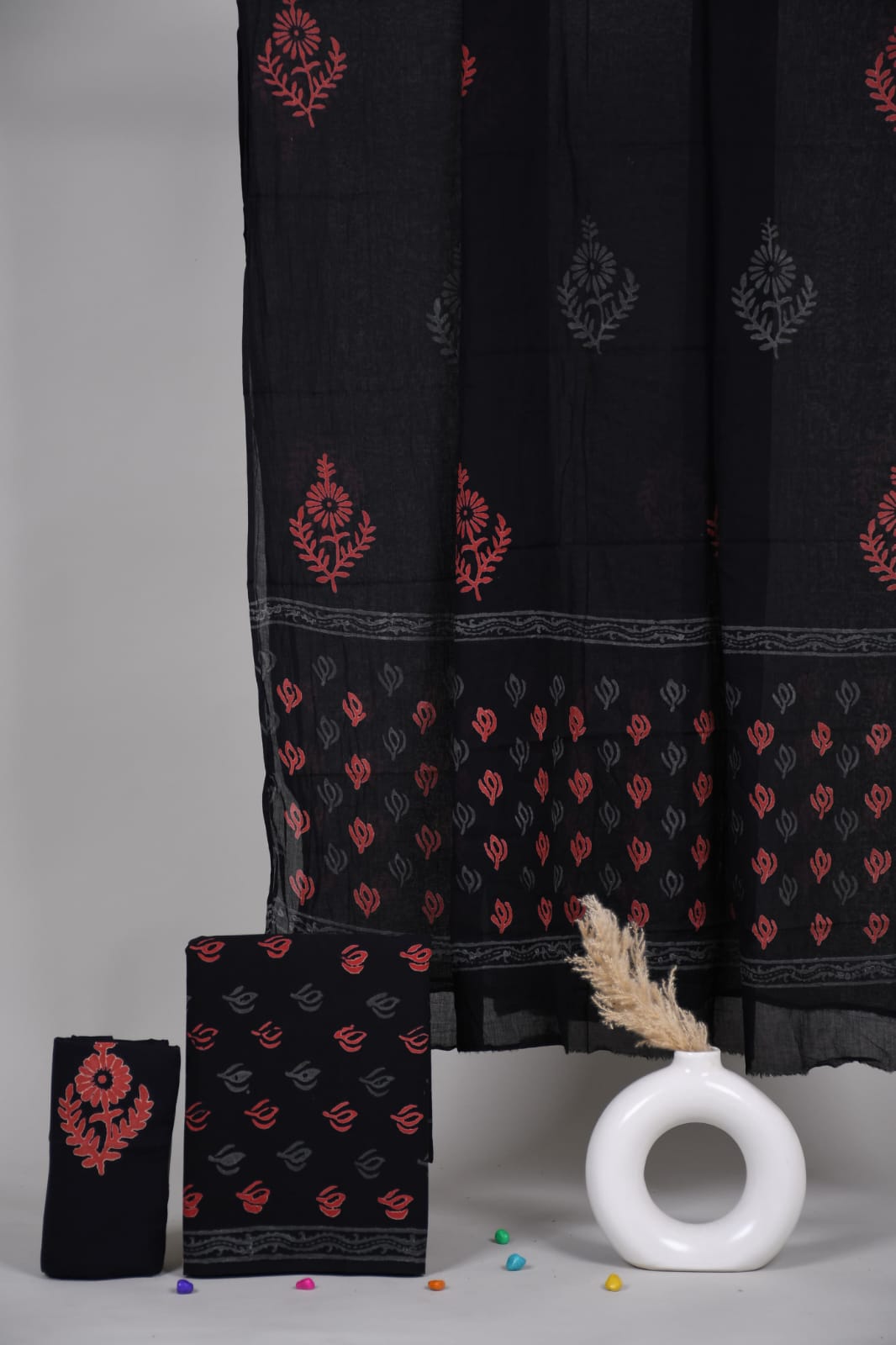 Pure Cotton Hand Block Printed Unstitched Suit Set With Cotton dupatta.
