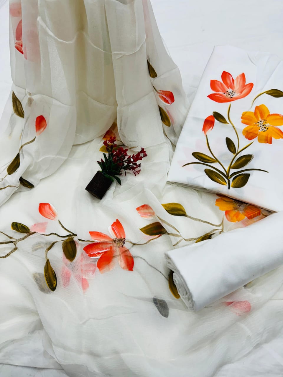 Pure Cotton Hand Block Print Unstitched Suit with chiffon dupatta .
