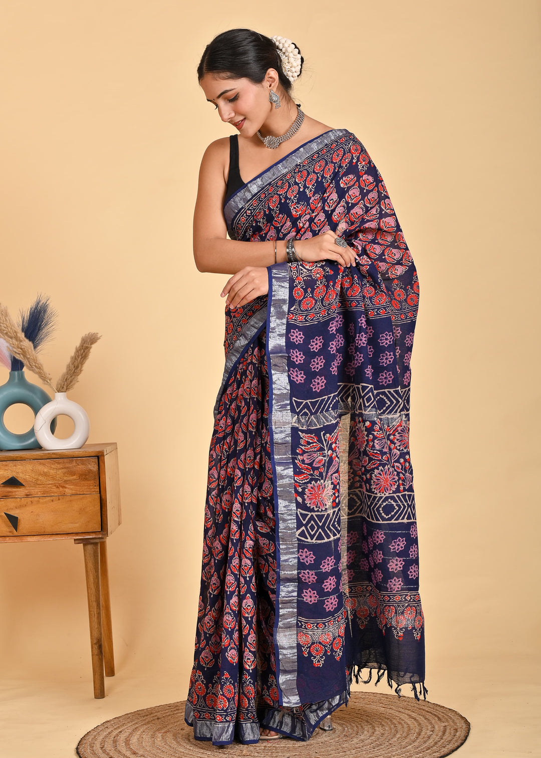 Hand Block Print Linen Saree with Blouse .