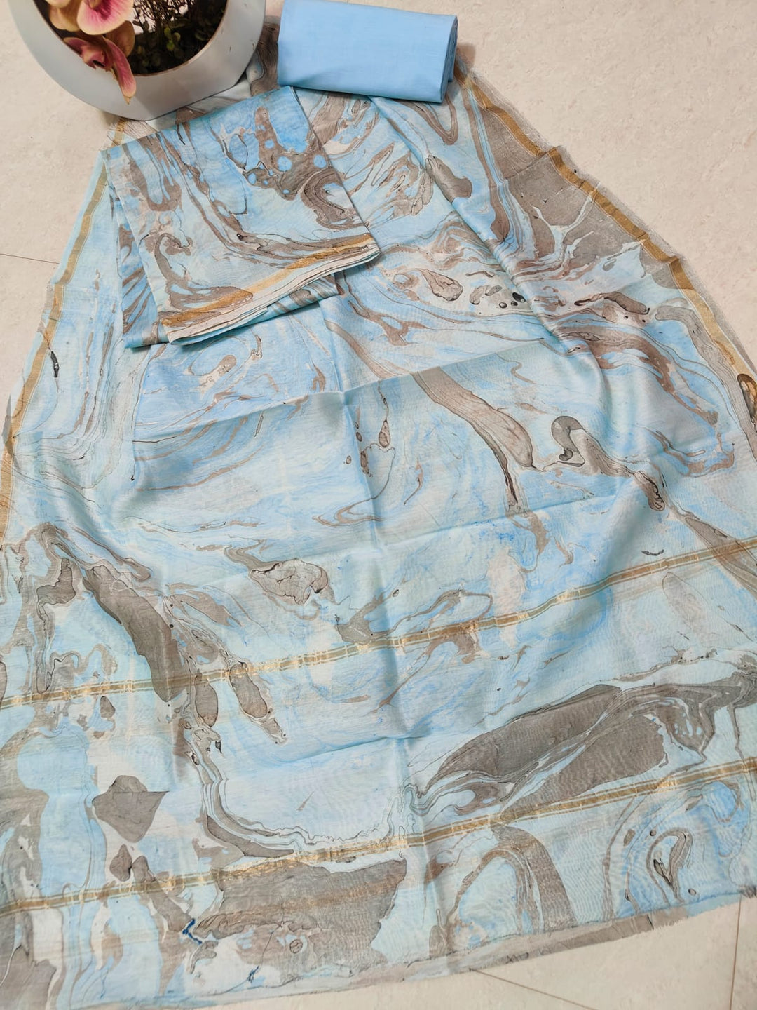Pure Hand Block Chanderi Silk Unstitched Suit .