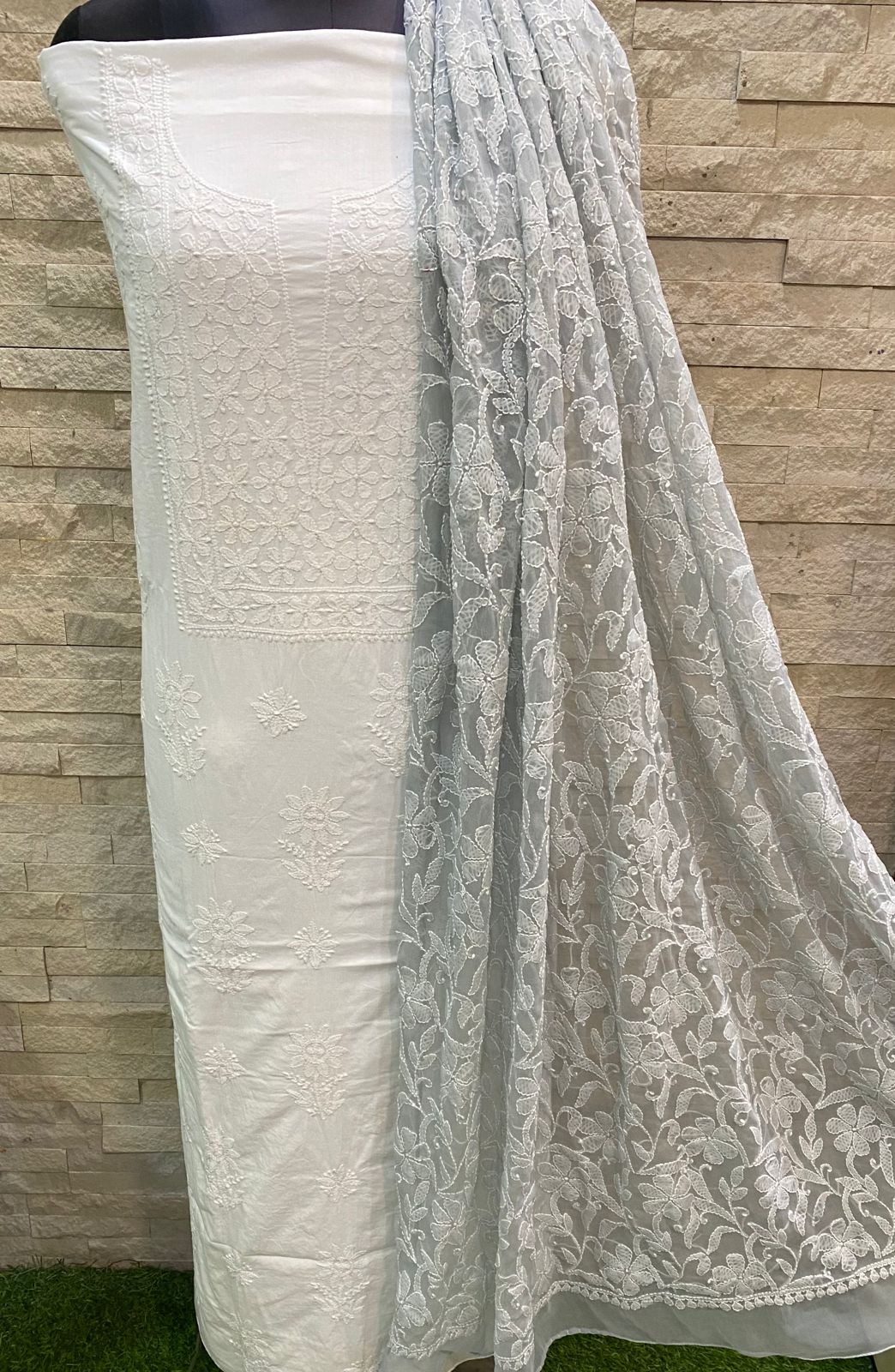 Pure MulMul Cotton Chikankari Unstitched Suit With Chikankari Hand Embroidery Jaal Dupatta .