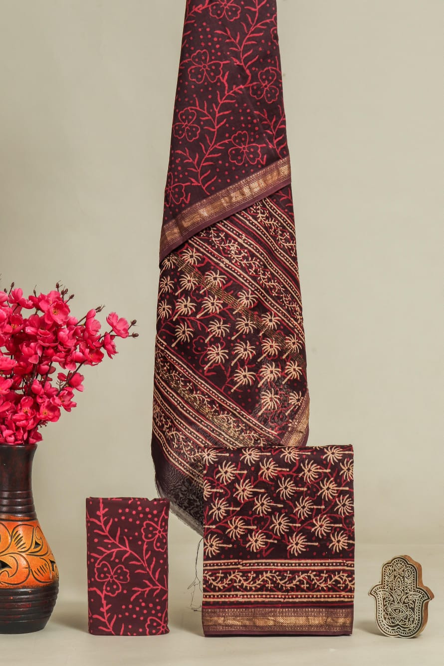 Pure Maheshwari Silk Hand block print Unstitched Suit.