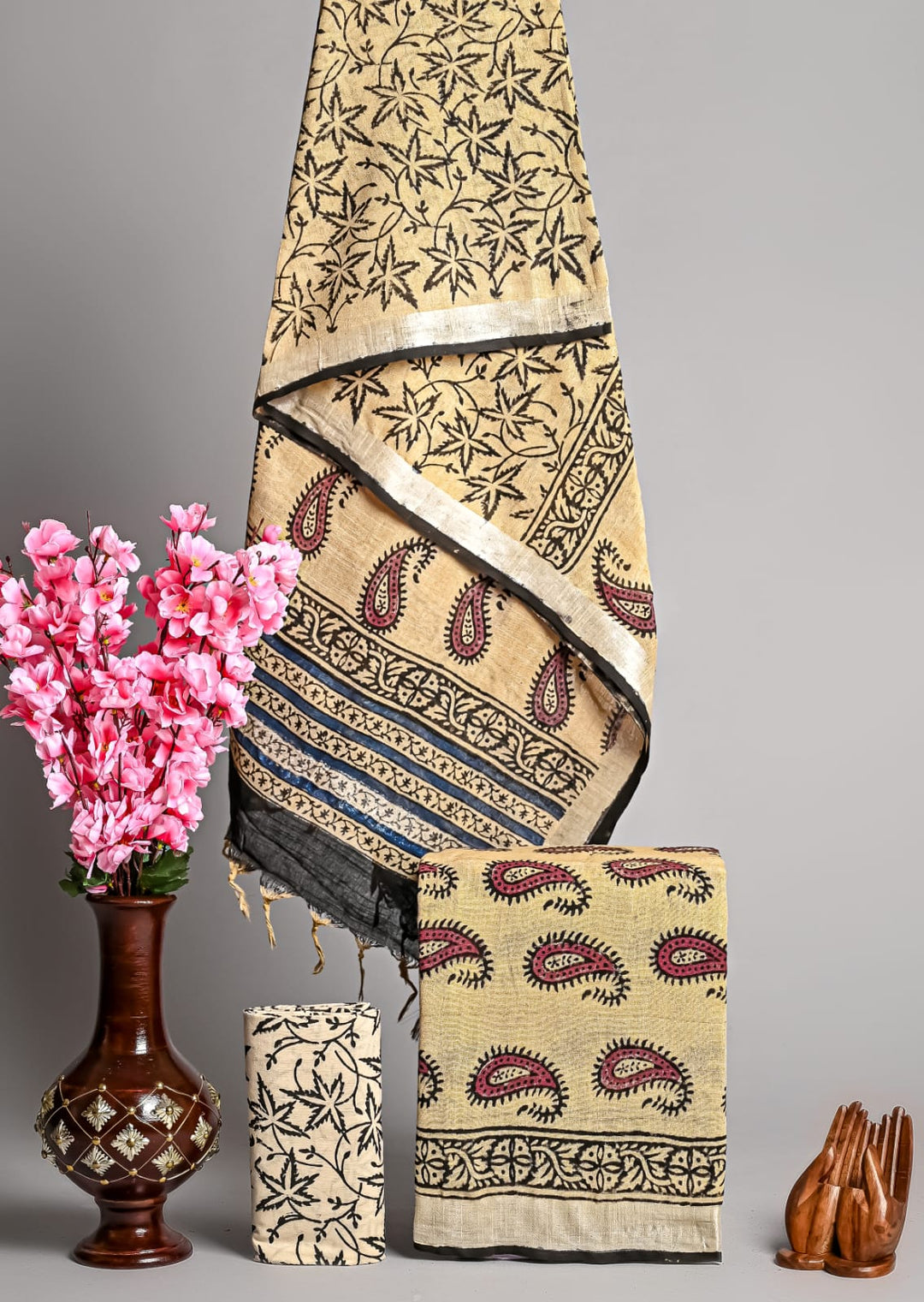Hand Block Printed Linen Unstitched Suit .