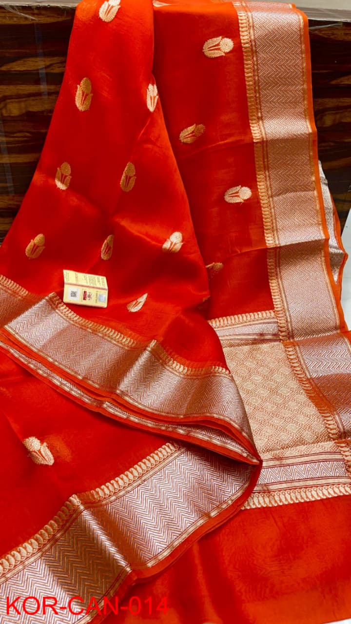 Pure Kora Organza Silk Hanloom Zari Work Saree.