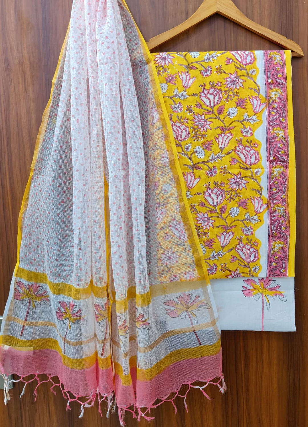 Pure Cotton Hand block print Unstitched Suit with Kota Dupatta .