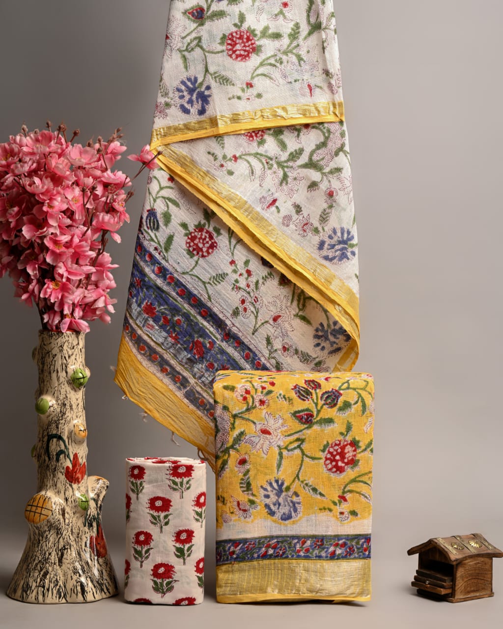 Hand Block Printed Linen Unstitched Suit .