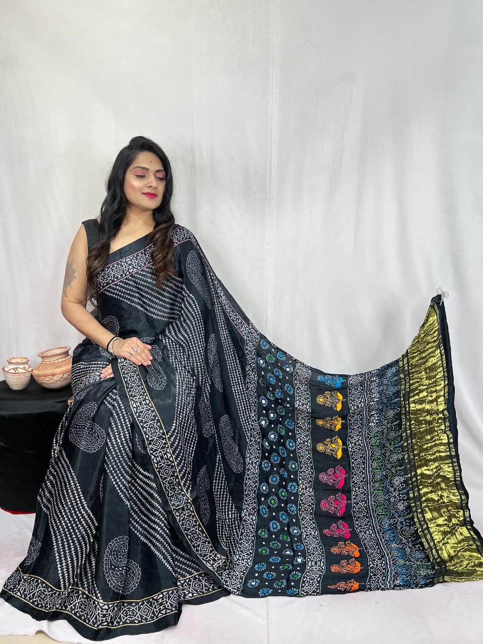 Pure Natural Dyeing Hand Block Ajrakh Print Modal silk saree.