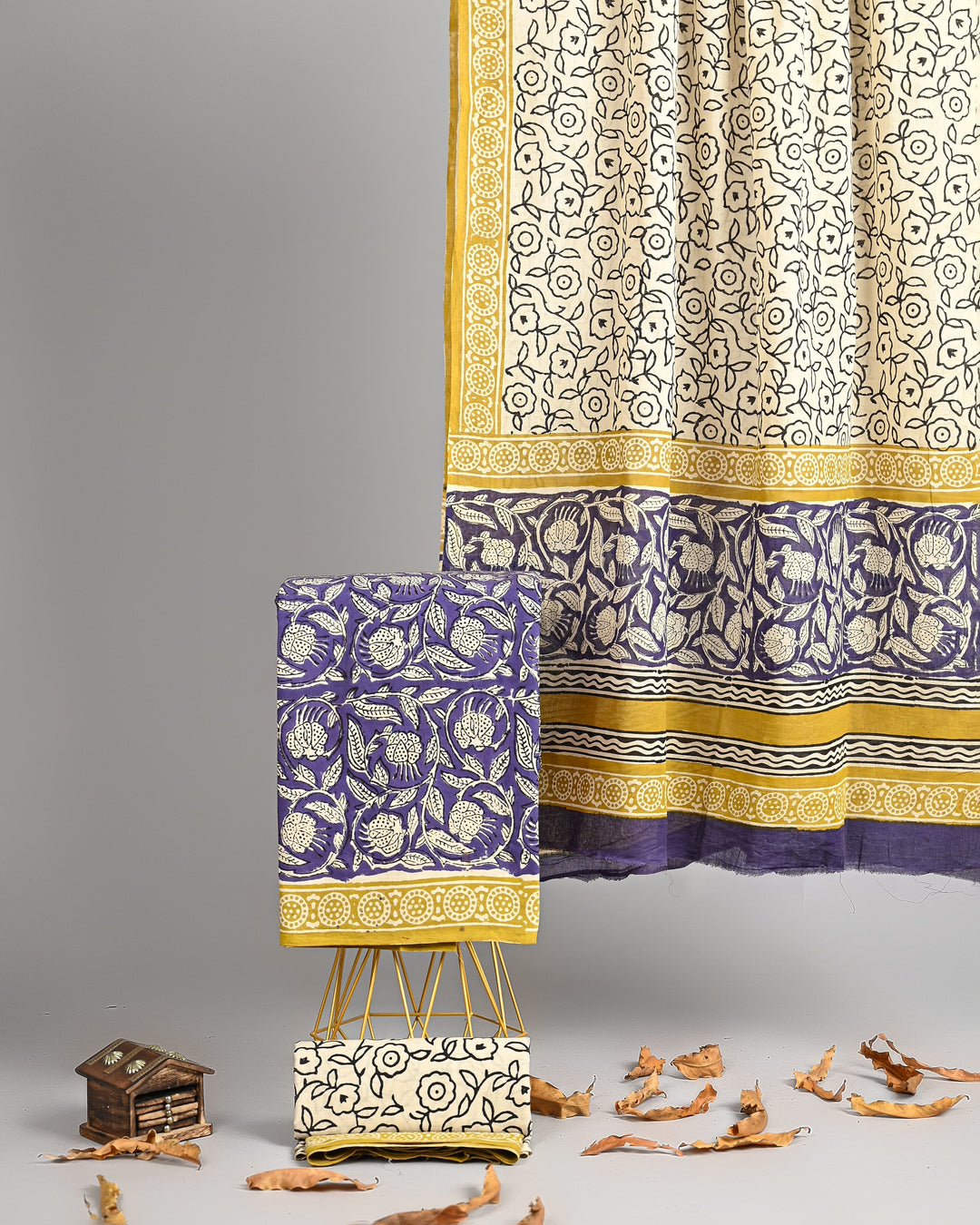 Pure Cotton Hand Block Printed Unstitched Suit Set With Cotton Dupatta .