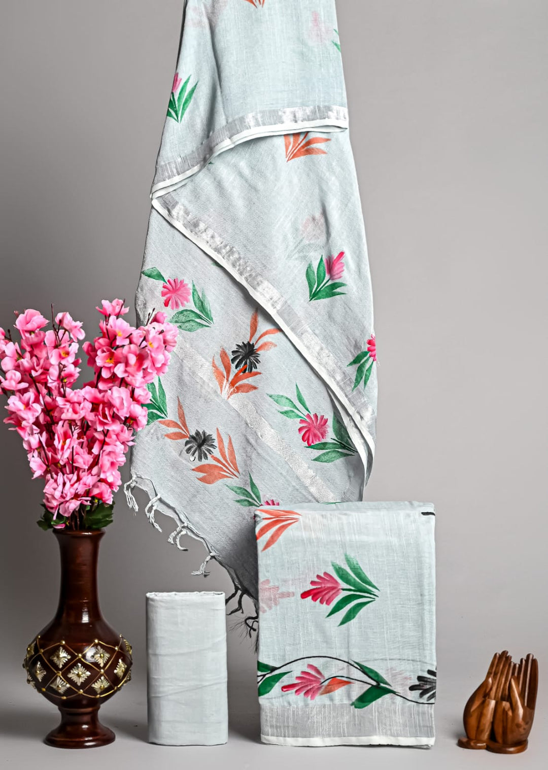 Hand Block Printed Linen Unstitched Suit .