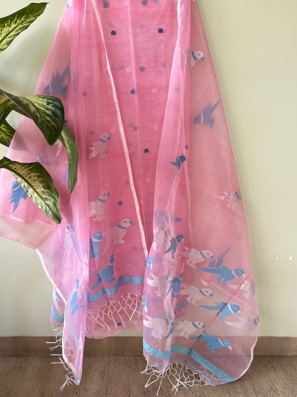 Pure Maslin Silk 2PC Jamdani Unstitched Suit With Bird Motif