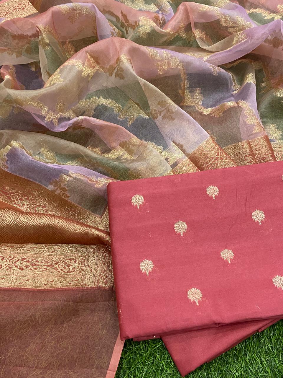 Pure Banarasi Chanderi Silk Zari Work Unstitched Suit With Banarasi Organza Rangkart Dupatta.