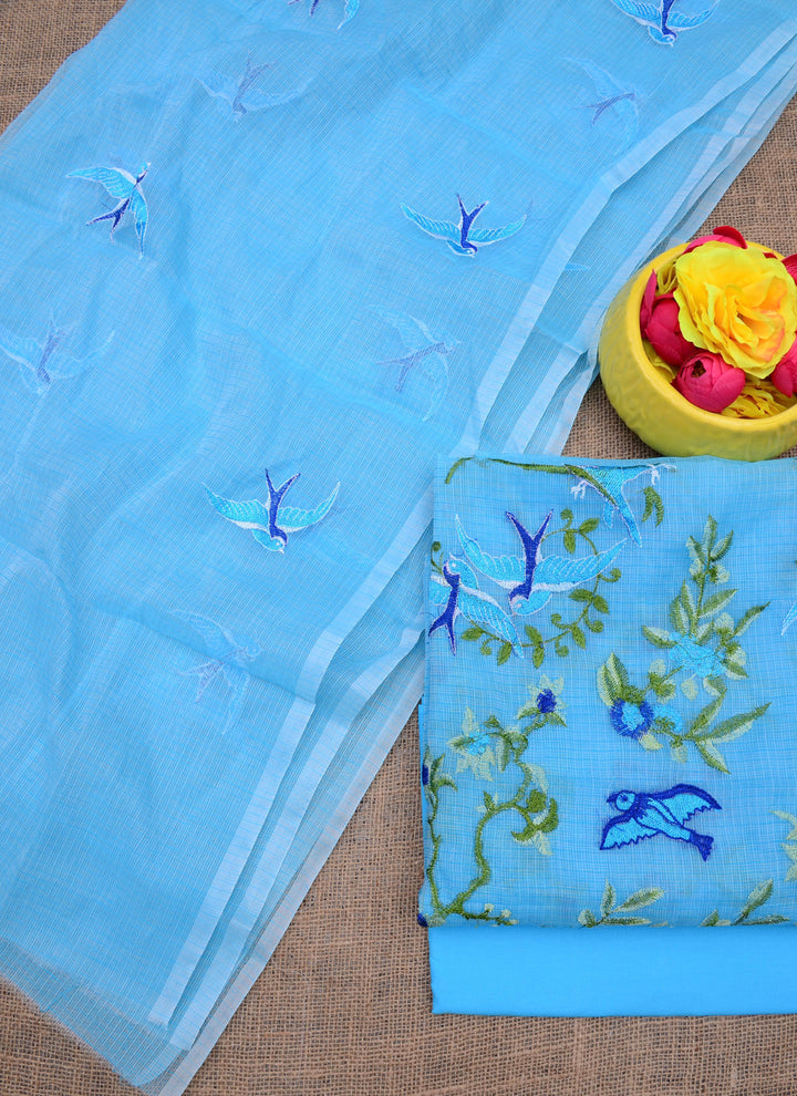 Pure Kota Doriya Embroidered Unstitched Suit With Dupatta .