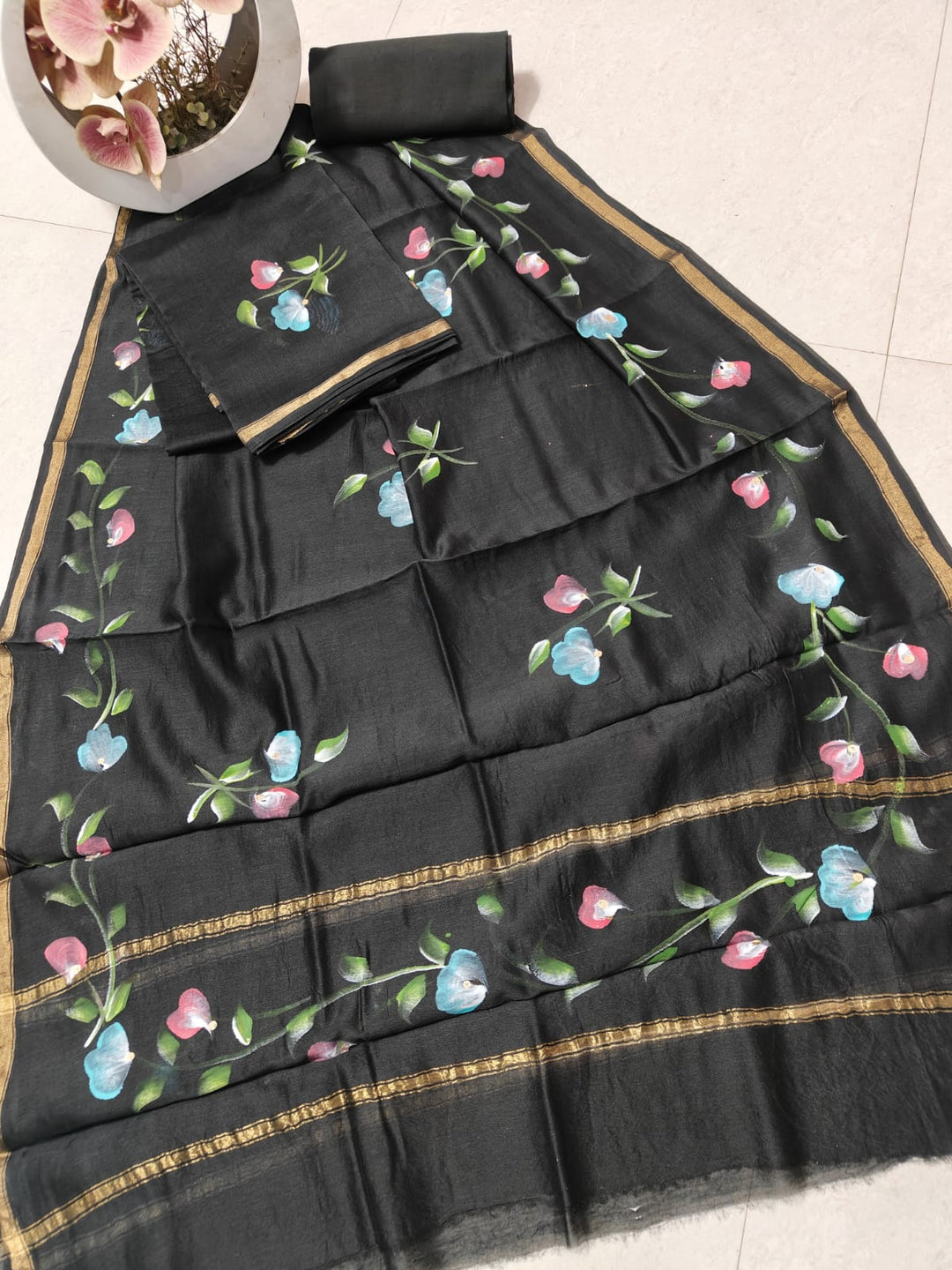 Pure Hand Block Chanderi Silk Unstitched Suit