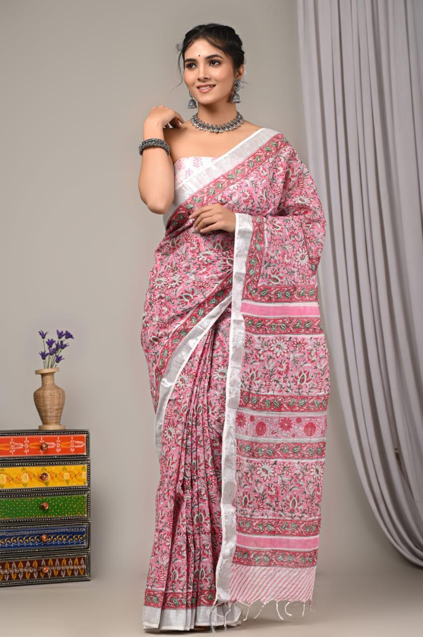 Hand Block Print Linen Saree with Blouse .
