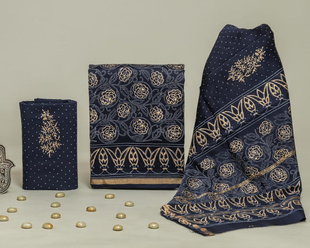 Pure Hand Block Chanderi Silk Unstitched Suit.