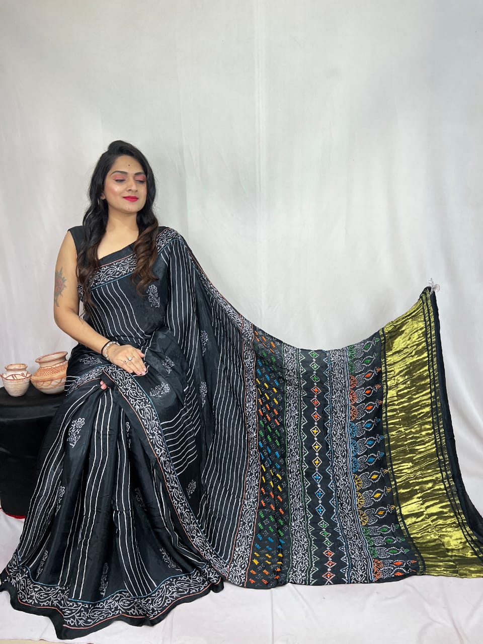 Pure Natural Dyeing Hand Block Ajrakh Print Modal silk saree.