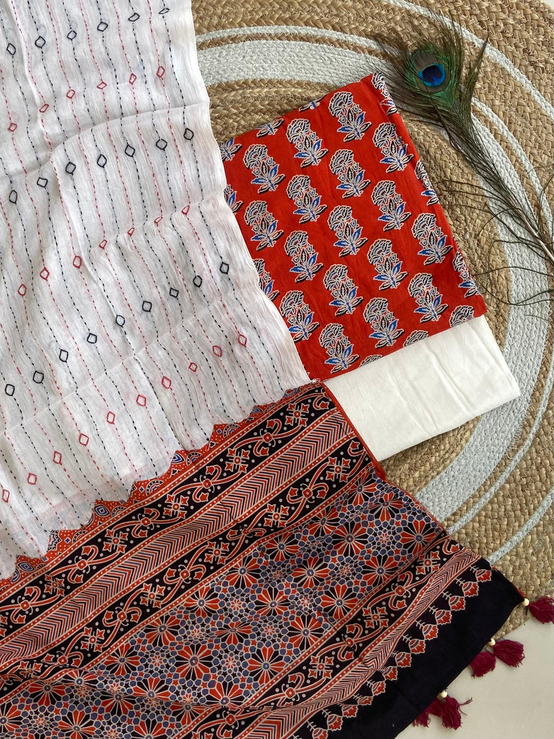 Pure Cotton Azrakh Print Unstitched suit Whit Kantha Work Dupatta