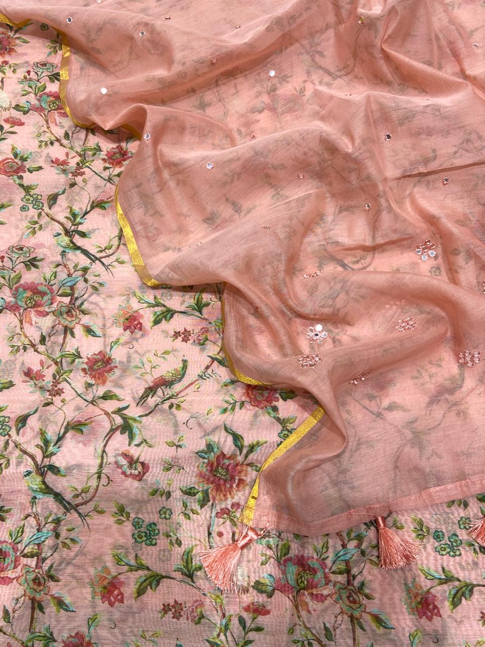 Pure Banarasi Resham Mul Chanderi Silk Digital Print Unstitched Suit .